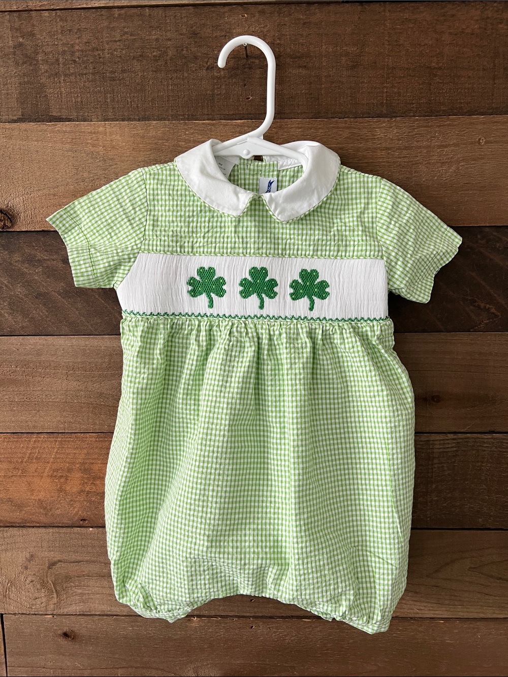 Silly Goose Baby Infant Hand Smocked Clover Green Gingham Romper Size 9 Months